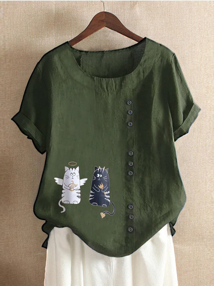 Женская свободная футболка на пуговицах с мультяшным принтом черного белого и