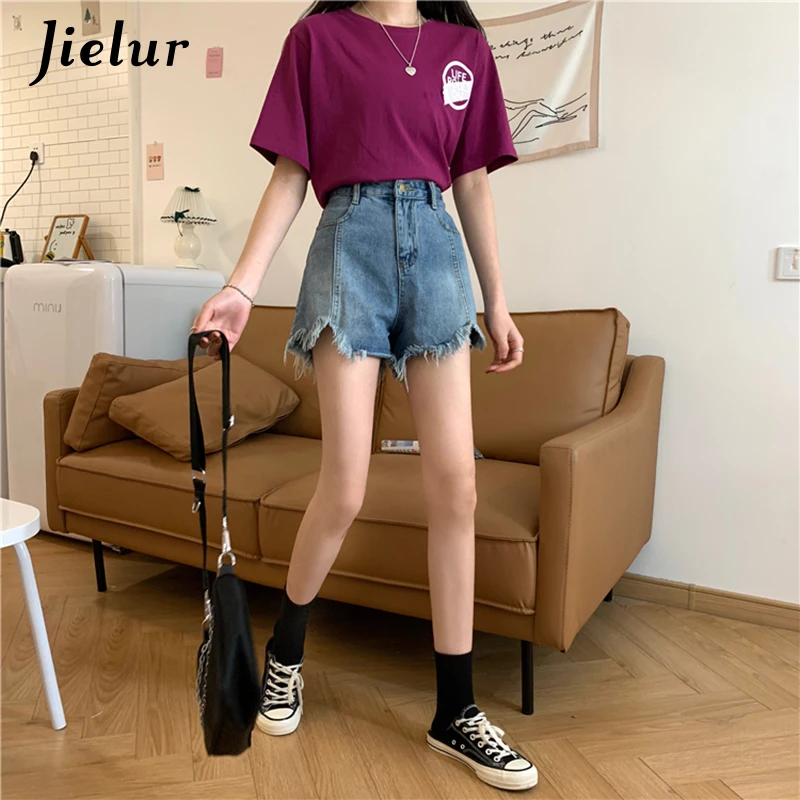 

Jielur Short Jeans Women Solid Color Summer Chic High Waist Denim Shorts 2020 New Slim Femme Trousers Blue Irregular Jeans