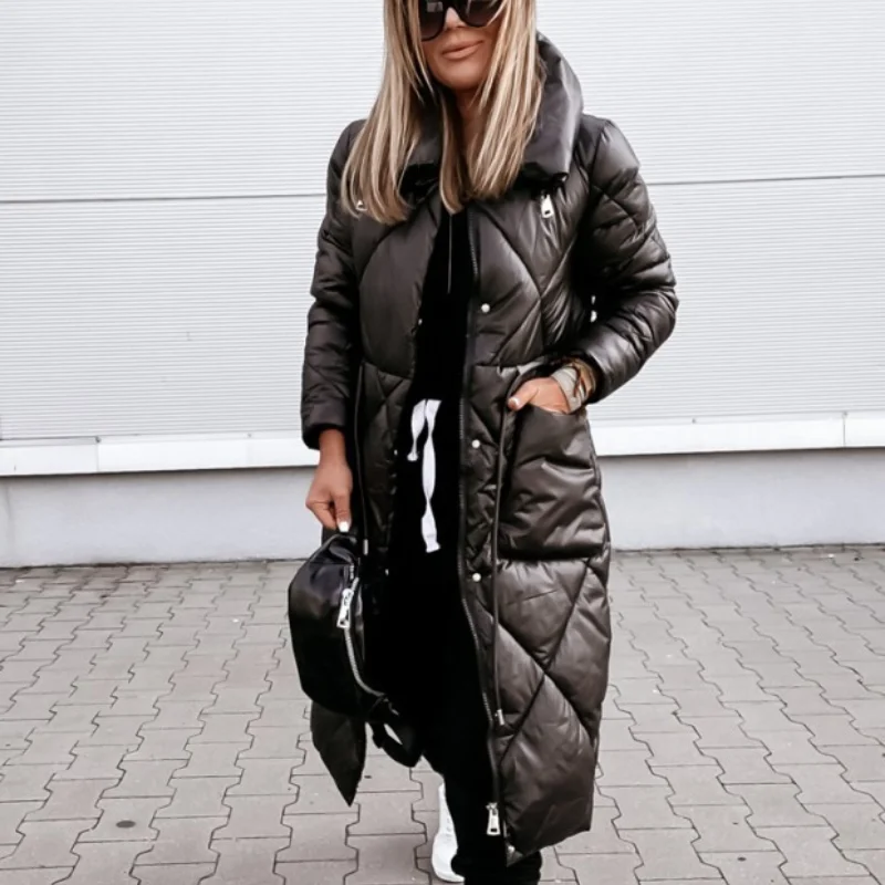 Winter 2021 New Colorful Candy Cotton-padded Jacket Women's Down Padded Turn-down Collar Long Jacket Shiny Warm Padded Parkas