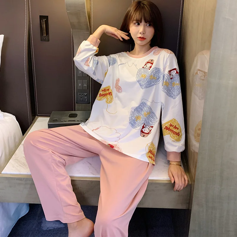 

Pajamas Women's Spring and Autumn Graffiti Love Long-Sleeve Suit Korean Style Loose Thin Summer and Winter Home Wear Students