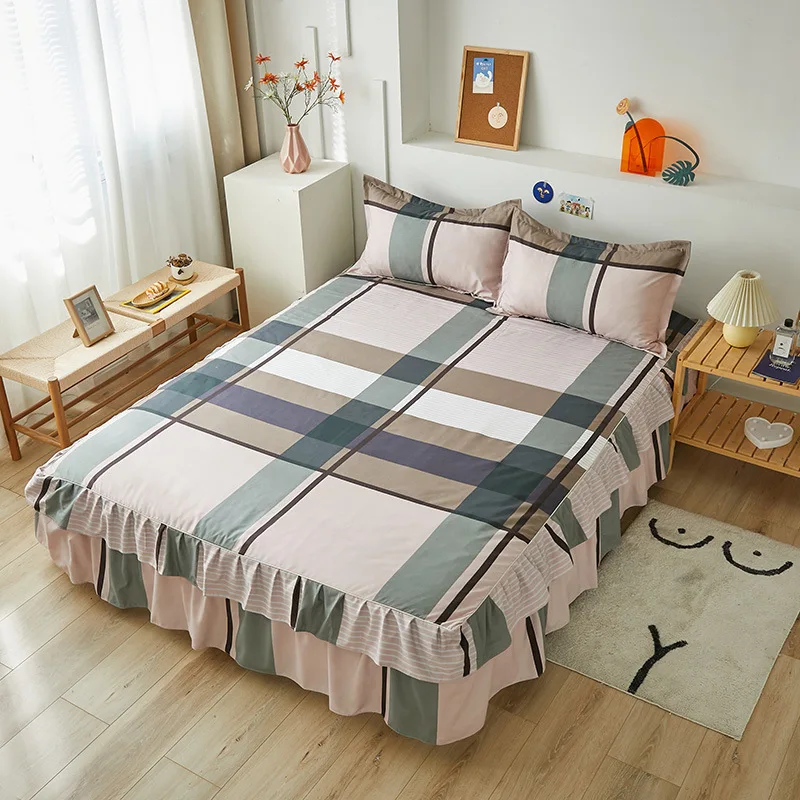 

Plaid Pattern Printing Friendly Comfortable Breathable Bed Skirt One Piece of Dust-proof Non-slip Bed Sheet Exquisite Bed Skirt