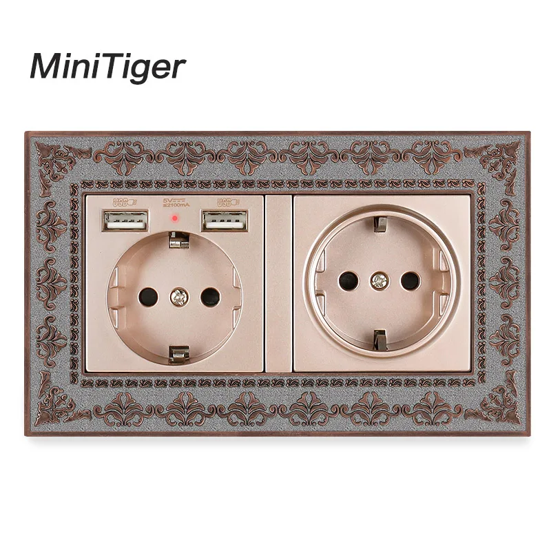 

Двойная настенная розетка стандарта ЕС Minitiger, Россия, Испания, с 2 usb-портами для зарядки, скрытый мягкий светодиодный индикатор, винтажная оправа из цинкового сплава