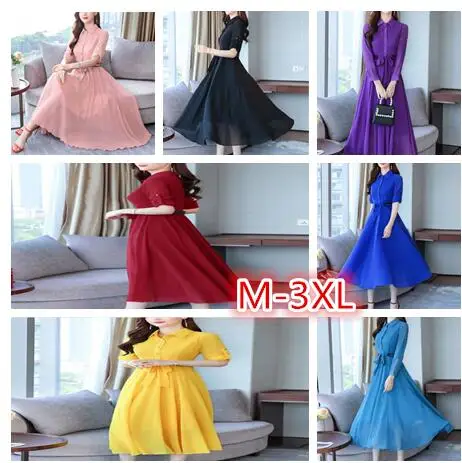 

Женское шифоновое длинное платье, элегантное однотонное платье большого размера с отложным воротником, осень 2022