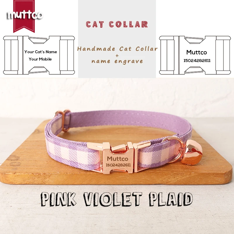 

MUTTCO engraving retail with high quality metal buckle collar for cat PINK VIOLET PLAID design cat collar 2 sizes UCC101M