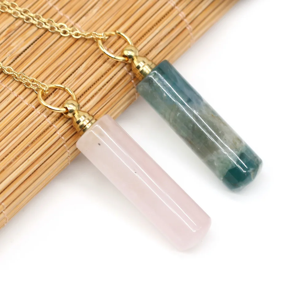 

Natural Perfume Bottle Crystal Stone Pendant Necklace Fluorite Rose Quartzs Essential Oil Diffuser Charm Copper Chain Jewelry