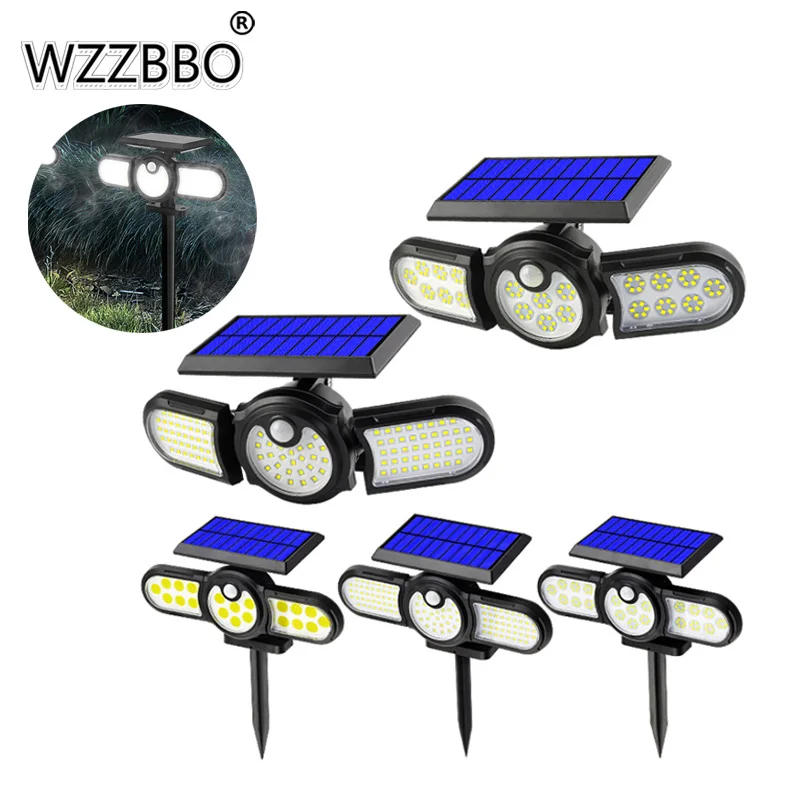 

140 COB Outdoor Solar Lights For Garden Courtyard Three Head Lighting Lawn Ground Lamp PIR Motion Sensor Landscape Spotlights