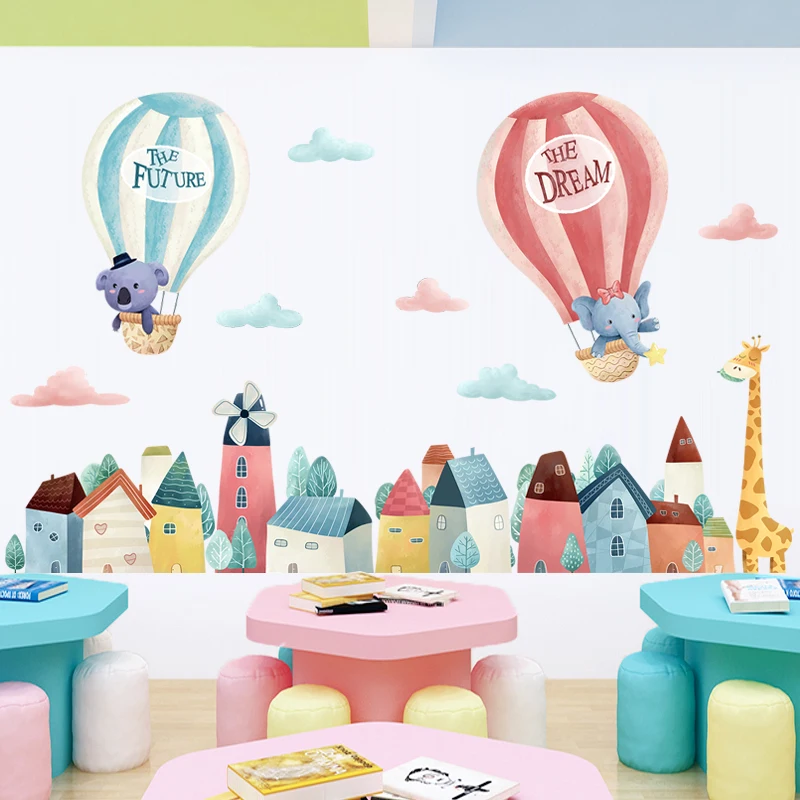 Мультяшные воздушные шары животные картина облака настенные наклейки для