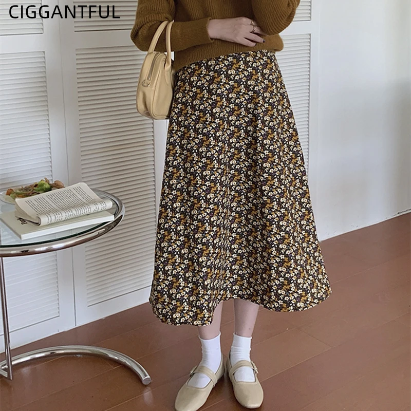 

Винтажная юбка с цветочным рисунком; Коллекция 2021 года; Сезон осень-зима; Высокая талия; Темпераментная трапециевидная юбка средней длины; М...