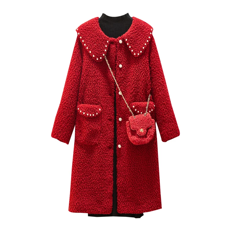 

2020 Winter Sweet Girls Lamb Woolen Long Coat Turn-down Collar Pearl Thick Coat Long Knitted Dress Women's Two-piece Set