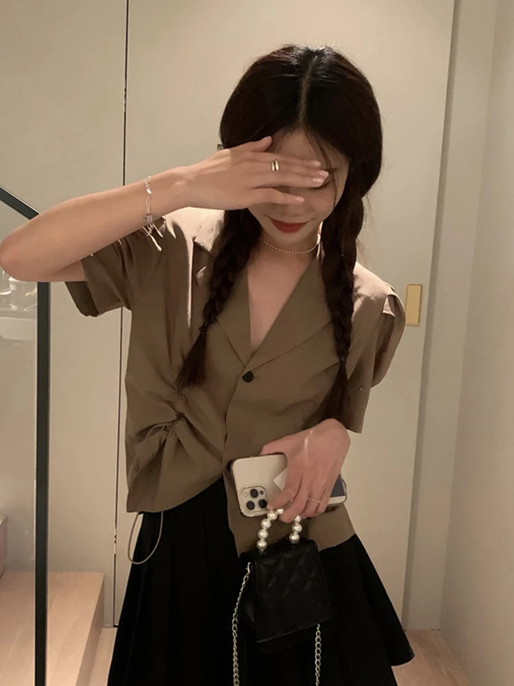 

Solid Clour Short-Sleeved Shirt for Women 2021 Summer New French Style Retro Blouse Fashion Gentle Elegant Suit Collar Top