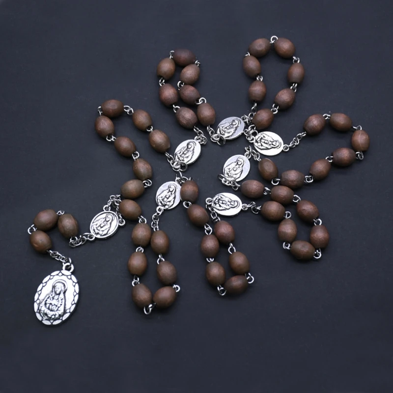 

Fashion Wood Bead Catholic Rosary Cross Pendant Religious Chain Jewelry Necklace Charm Gifts for Men Women H051