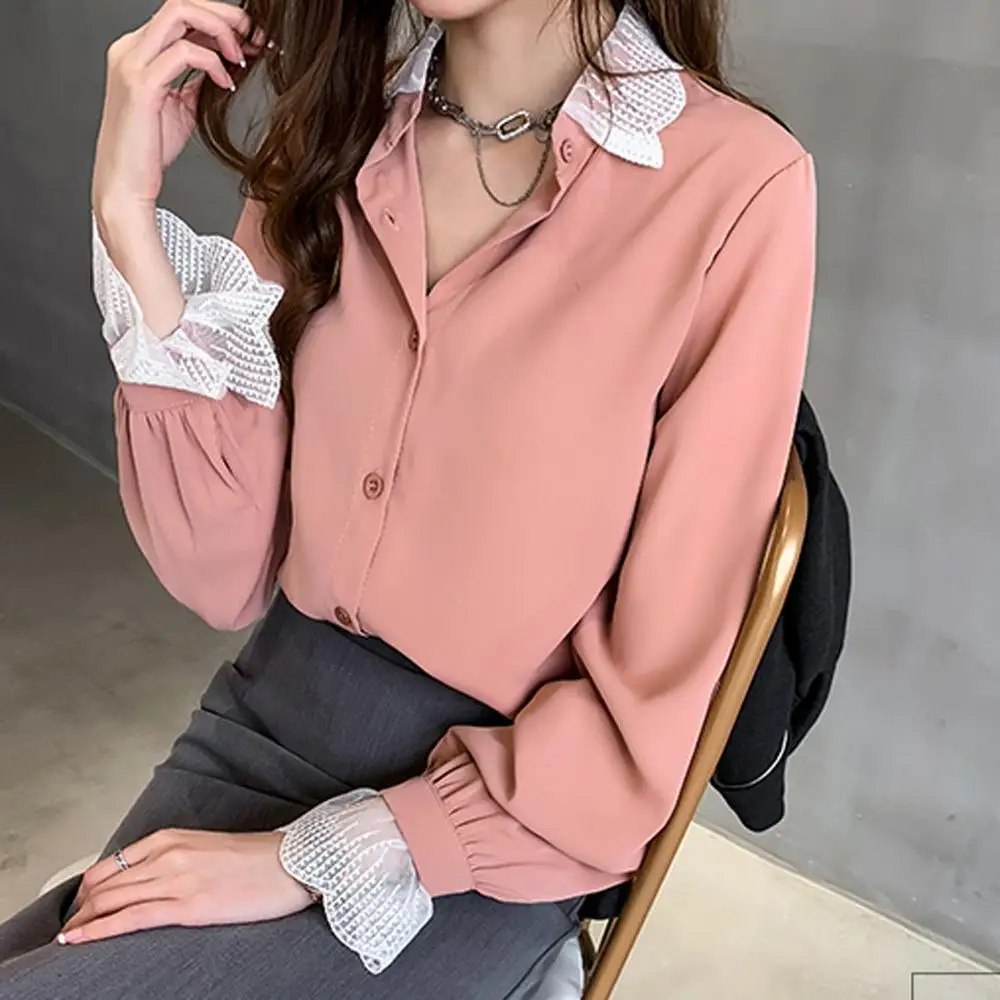 Женская шифоновая блузка с рукавами фонариками и отложным воротником|Блузки| |