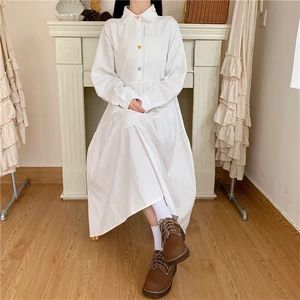 Sweet elegant Kawaii white Long Women Dress Autumn Solid color long sleeve Lace up Ruffles Mid-Calf Oversized Dresses Female