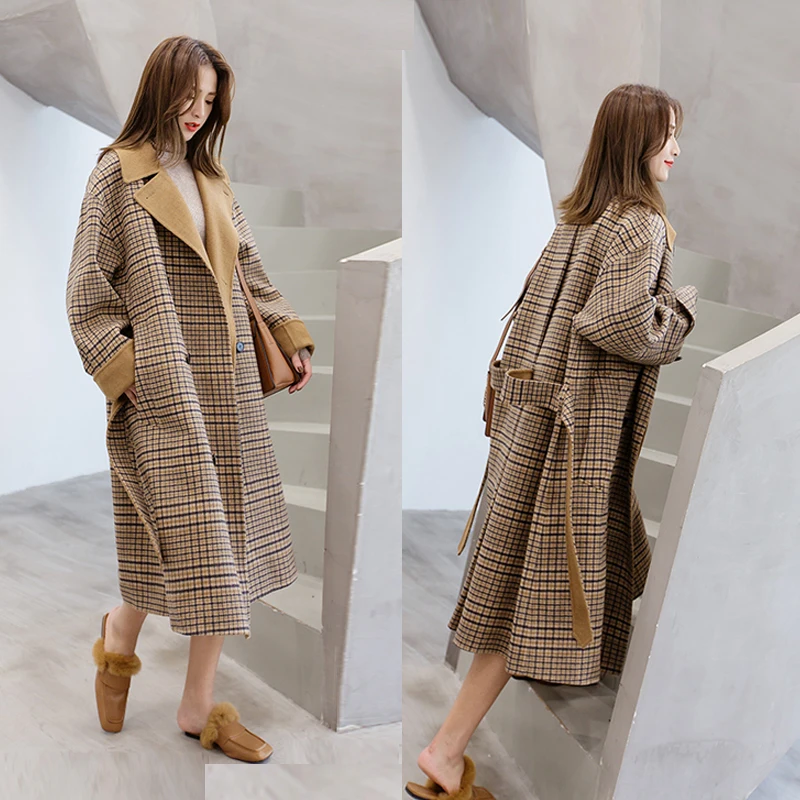 Женское шерстяное пальто в клетку длинное теплое элегантное Корейском стиле