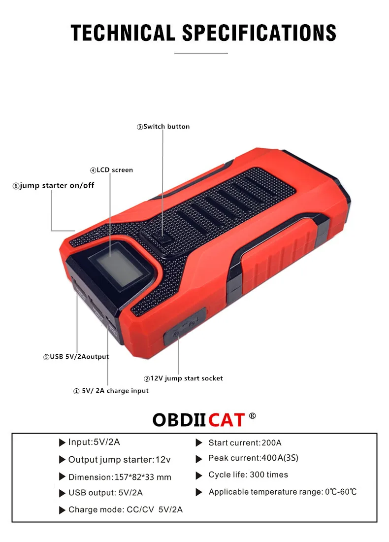 OBDIICAT-M8 автомобильное пусковое устройство 12 в пик 400 а зарядное для