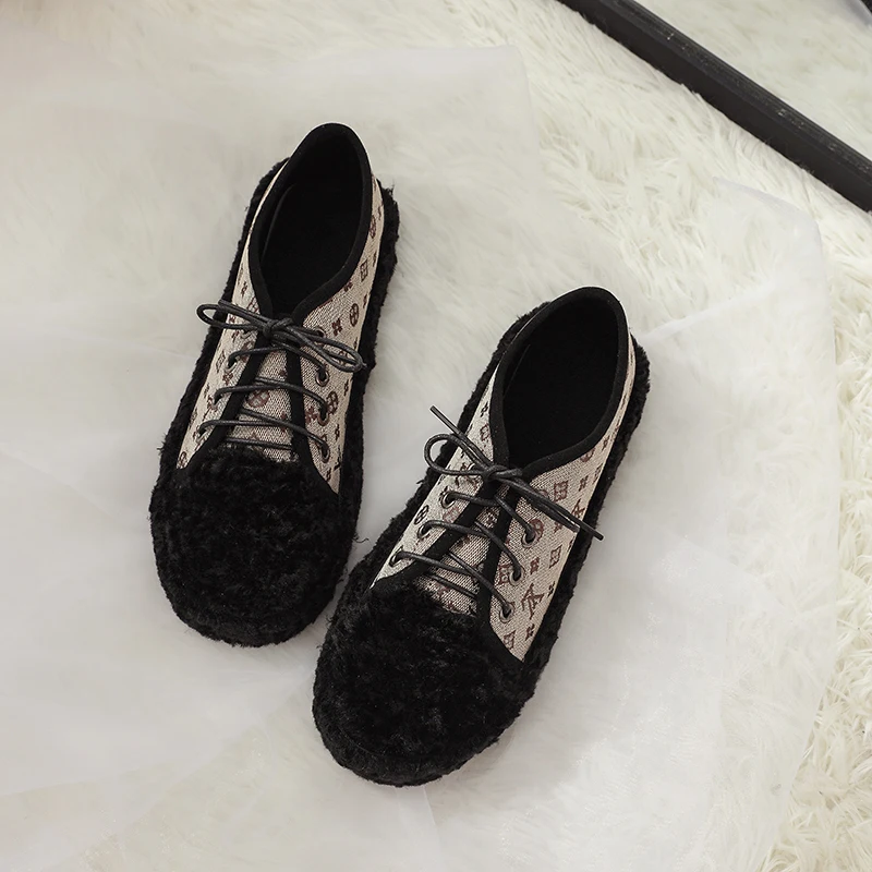 High Quality Autumn Shoes Woman Flat Black Fur Plush Loafers Women Casual Lace Up Zapatos Mujers |