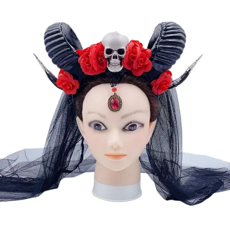 

Gothic Skull Flower Headband Antelope Sheep Horn Cosplay Costume Hair Hoop with Black Veil Halloween Party Headpiece
