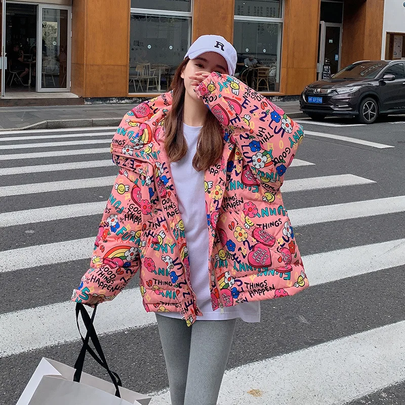 WYBLZ 2021 Winter Down Short Parka  Women Print Padded Coat Female Fashion Korean Zipper Outerwear Hooded Jackets New Oversized