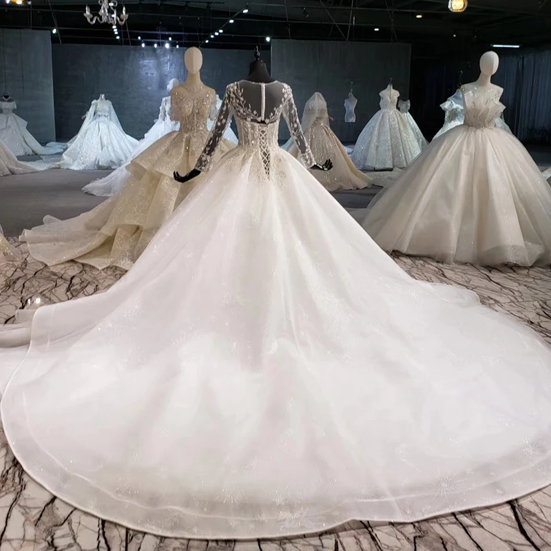 

BGW HT41421 Long Sleeve Wedding Dresses Western O-neck Button Appliques Ball Gown Bride Dress Gown Long Train Robe Mariage Femme