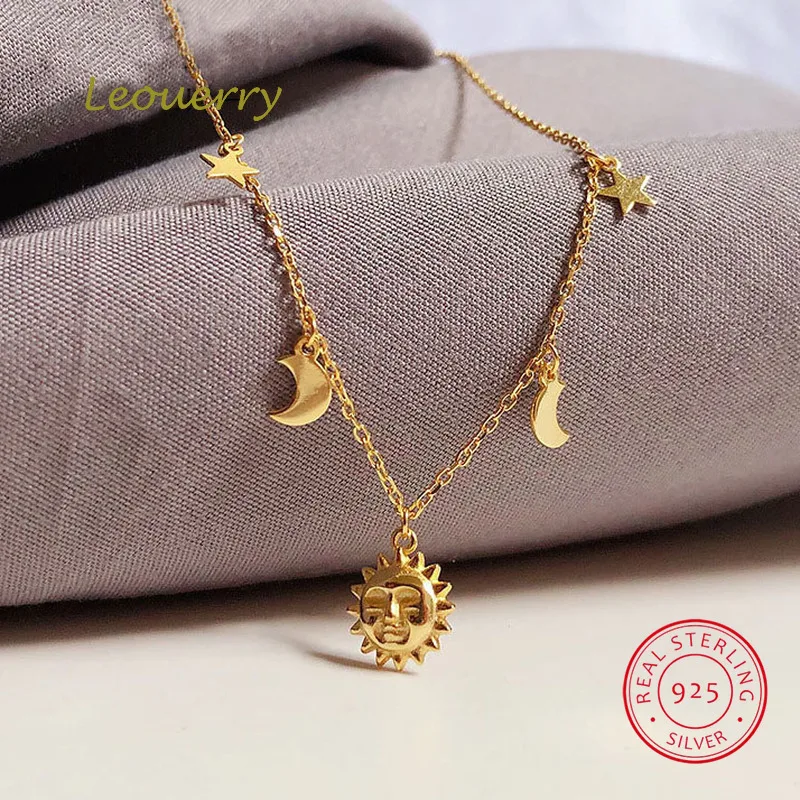 Leouerry 925 Sterling Silver Beautiful Sun Moon Star Necklace 14K Gold Plated Clavicular Chain Necklace for Women Simple Jewelry
