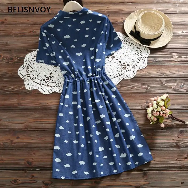 Летние женские синие платья Ulzzang Mori Girl с принтом в виде облаков винтажные