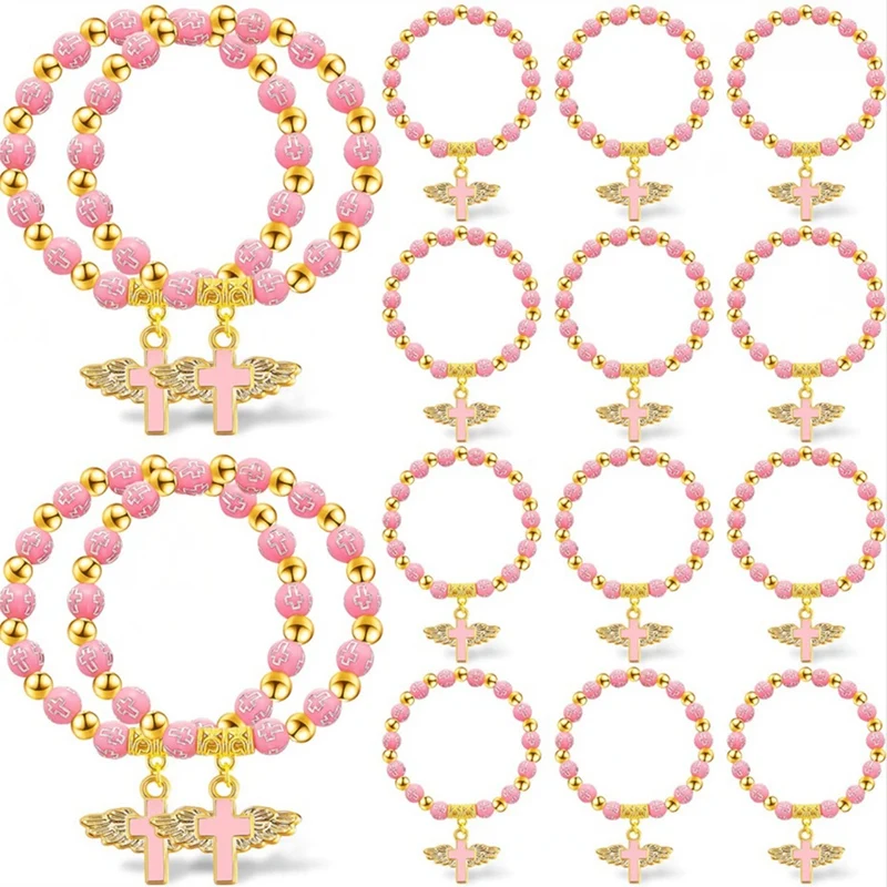 

30Pcs Angel Wing Rosary Bracelets Baptism Beaded Bracelets for Women Girls Boy Baptism Favors Communion Favors Weddings