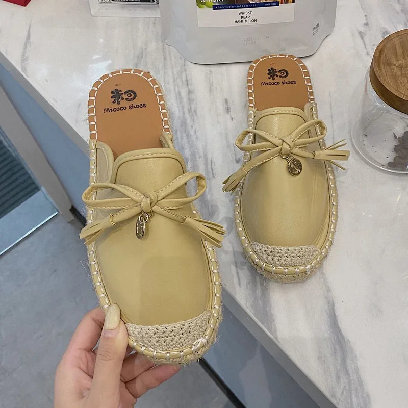 

2021 Spring Summer Women Mules Shoes Brand Slippers Fashion Round Toe Bowknot Baotou Straw Plaited Article Fisherman Slippers