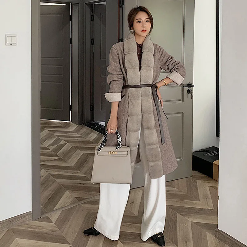 

Women's real mink fur coat winter long jacket female coats with Sashes elegant Merino Sheep Fur 2021casual slim solid standard