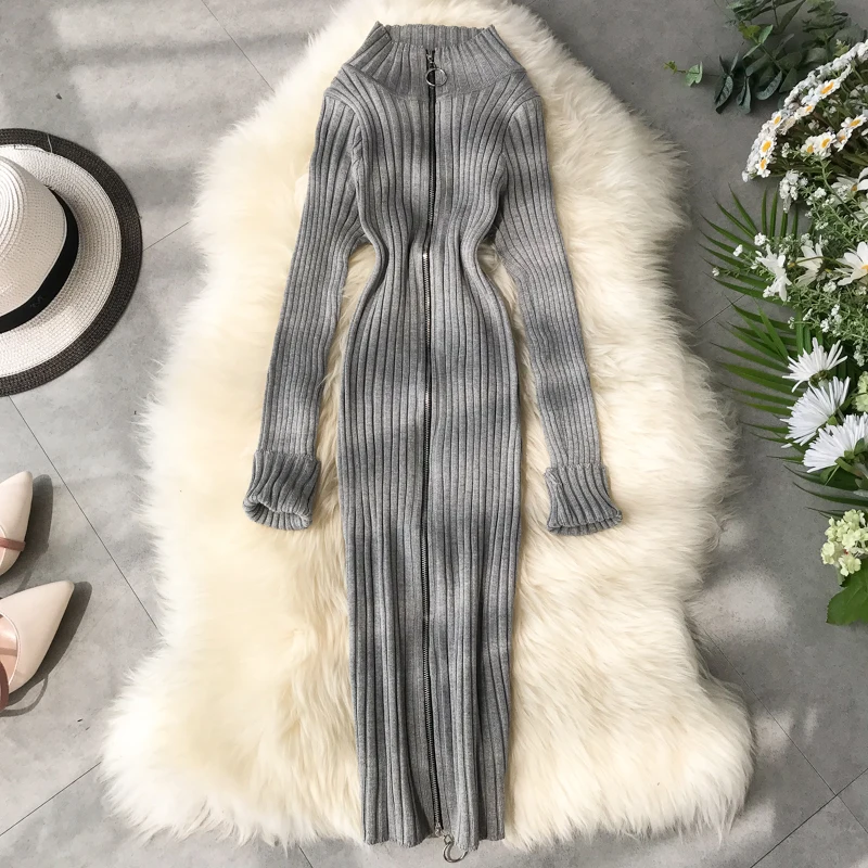 Осень зима 2019 новинка цельный на молнии тонкий талии с разрезом трикотажный низ