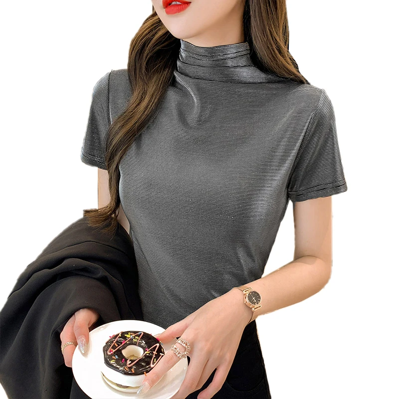 Женская яркая шелковая футболка с коротким рукавом блестящая водолазка осенняя