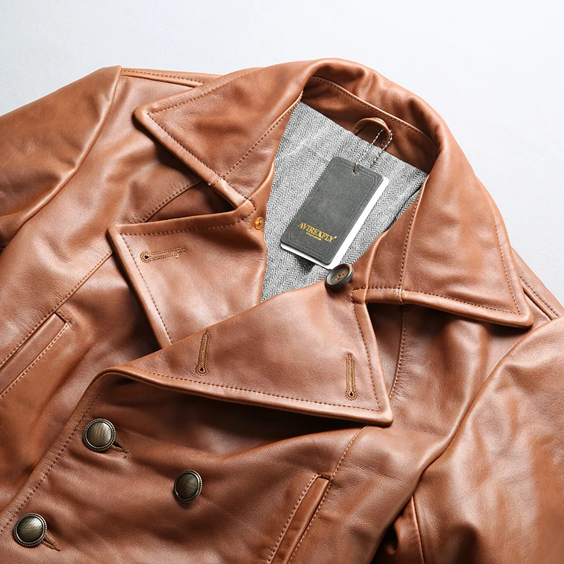 

Read Description! Asian size A2840 excellent cow leather winter jacket men's classic cowhide leather pea coat