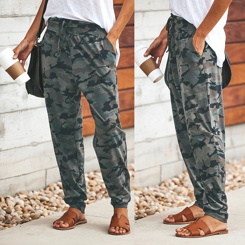Высокая талия брюки свободные шаровары Хип хоп женские длинные Drawstring камуфляж