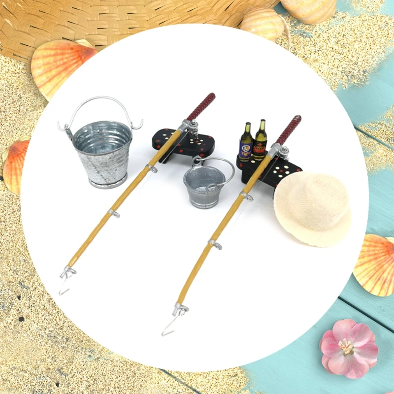 

1/12 Dollhouse Miniature Fishing Rod Hat Bucket Stool Model Doll Life Scene Doll House Decoration Gift Accessories