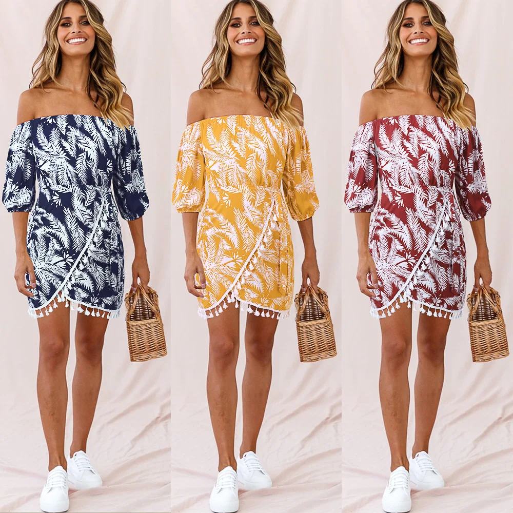 

Lace Up Sexy Women Dress Summer Off-Shoulder Dress Tassel Slash Neck Loose Irregular Leaf Pleated Girls Clothes