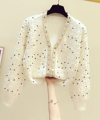 Женский вязаный свитер черный свободный джемпер с вышивкой бисером Осень-зима |