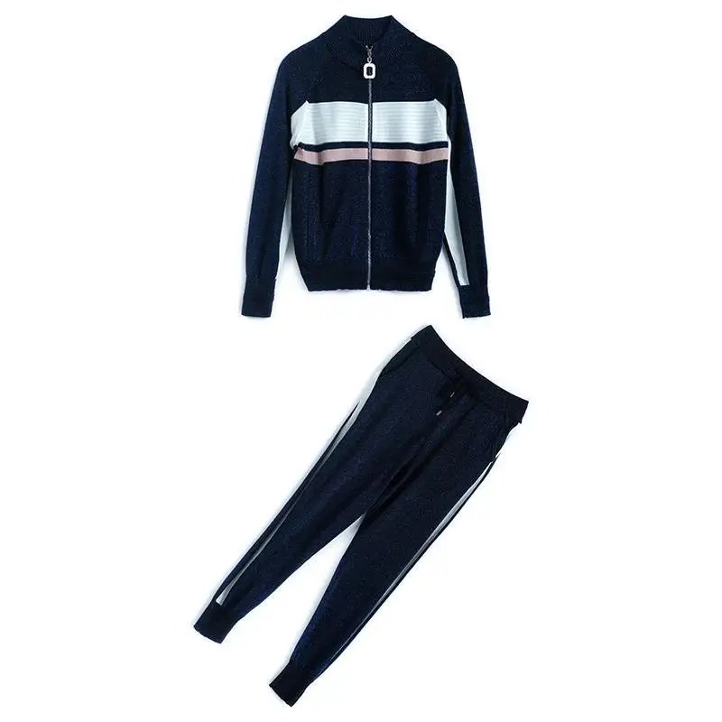 

2020 early autumn new bright silk mixed knit baseball jacket jacket striped pants suit women's clothing