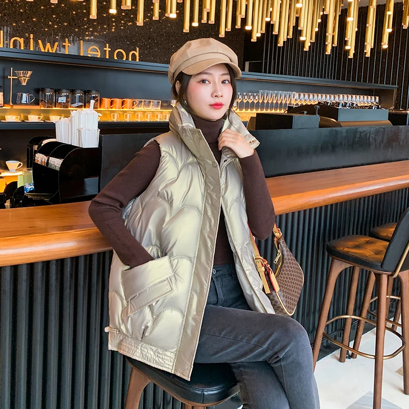 

Drawstring Women Winter Puffer Vest Quilted Solid Shinny Zipper Ladies Casual Sleeveless Jacket Thick Warm Waistcoat for Female