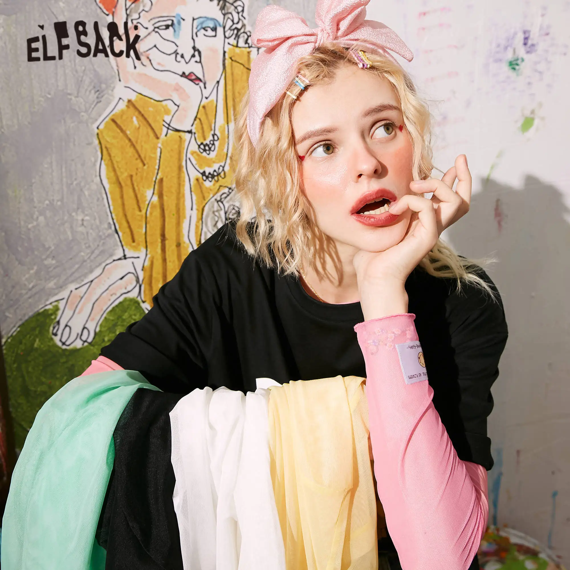 Женская прозрачная блузка ELFSACK повседневная однотонная в сеточку с аппликацией