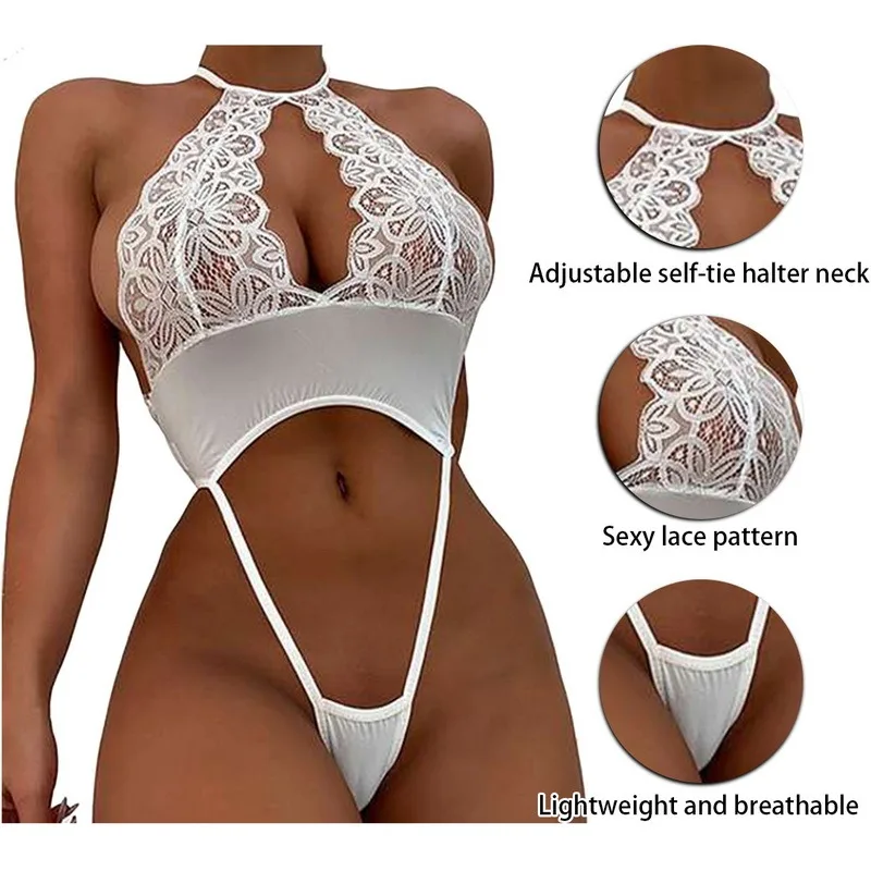 2021 сексуальные женские эротические боди белое кружевное Ажурное с лямкой на шее
