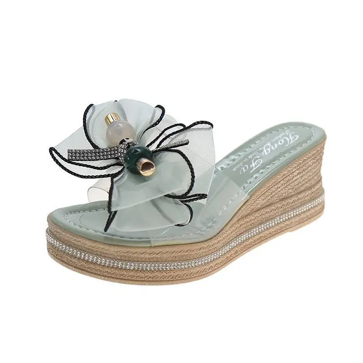 

Female Shoes Butterfly-Knot Womens Slippers Outdoor Platform Luxury Slides On A Wedge Heeled Mules 2021 Designer Beach High Butt