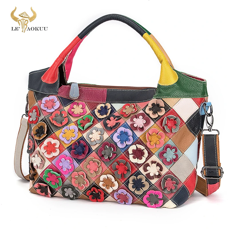 Multi-Color Genuine Leather Luxury Brand Ladies Flower Fashion Shopper Handbag Shoulder bag Women Designer Female Tote bag 815