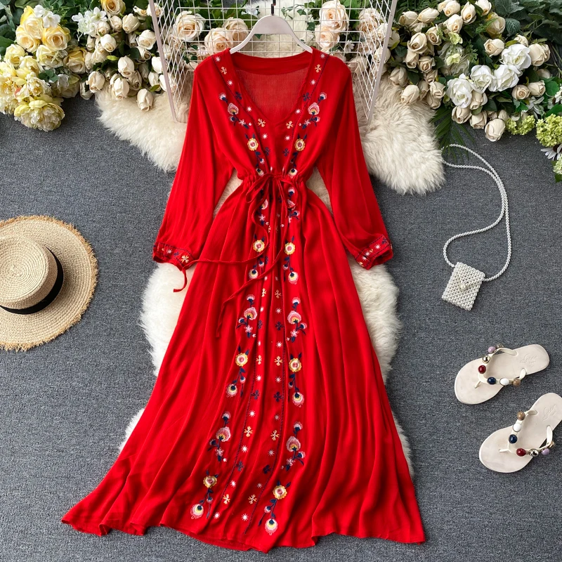 Богемное Женское Платье макси с цветочной вышивкой винтажное повседневное