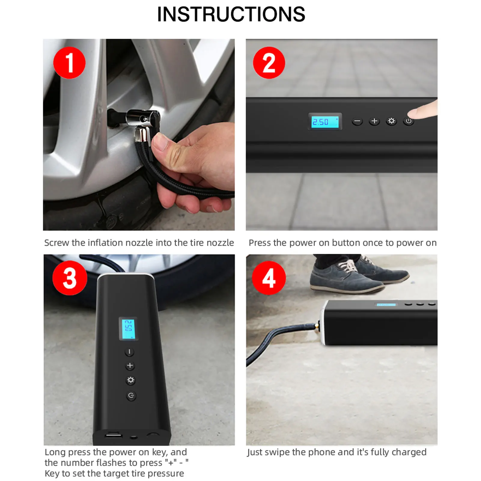 

12V Car Tyre Inflator Cordless Portable Electric Air Pump Multifunctional Air Compressor With Emergency Light USB Rechargeable