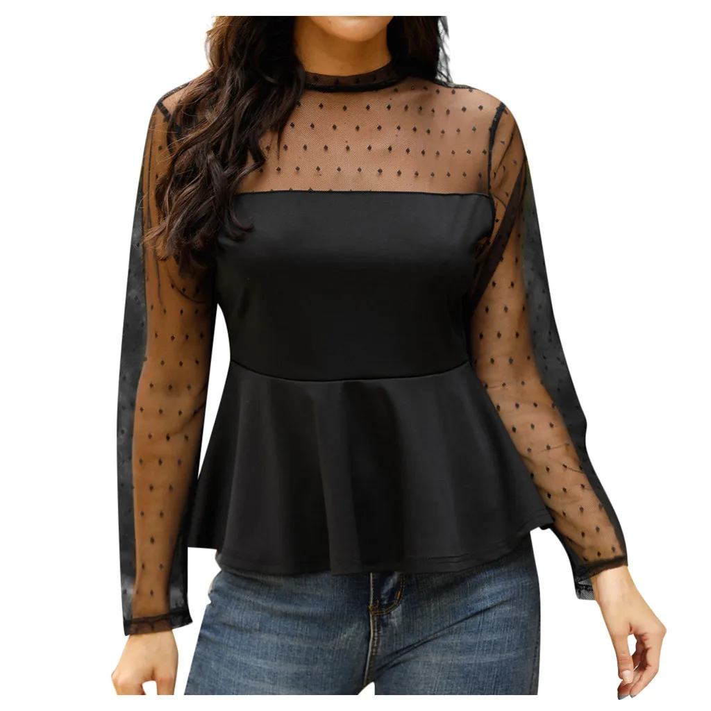 Женская блузка с длинным рукавом и баской сексуальная сетчатая в горошек