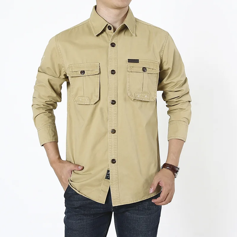 

Spring Autumn Military Shirt Men Long Sleeves Pure Cotton Button Up Shirt With Pockets Camisa Masculina Solid Color Shirt Male