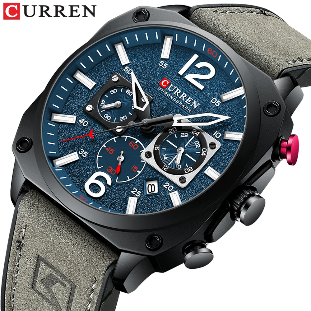 

CURREN Men's Top Brand Fashion Watch Casual Sports Leather Chronograph Quartz Wrsitwatches for Male Luminous Hands Clock