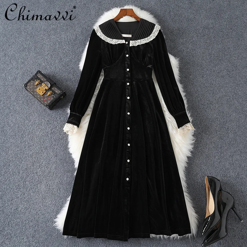 

2021 Fall Women's Clothing New Peter Pan Collar Long Sleeve Lace Single-Breasted Dress Fashion Temperament Flannel Vintage Dress