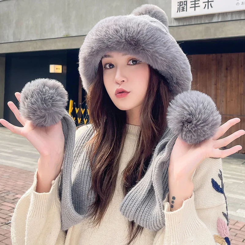 Зимние женские меховые шапки защитные для ушей вязаные теплые пушистые плюшевые