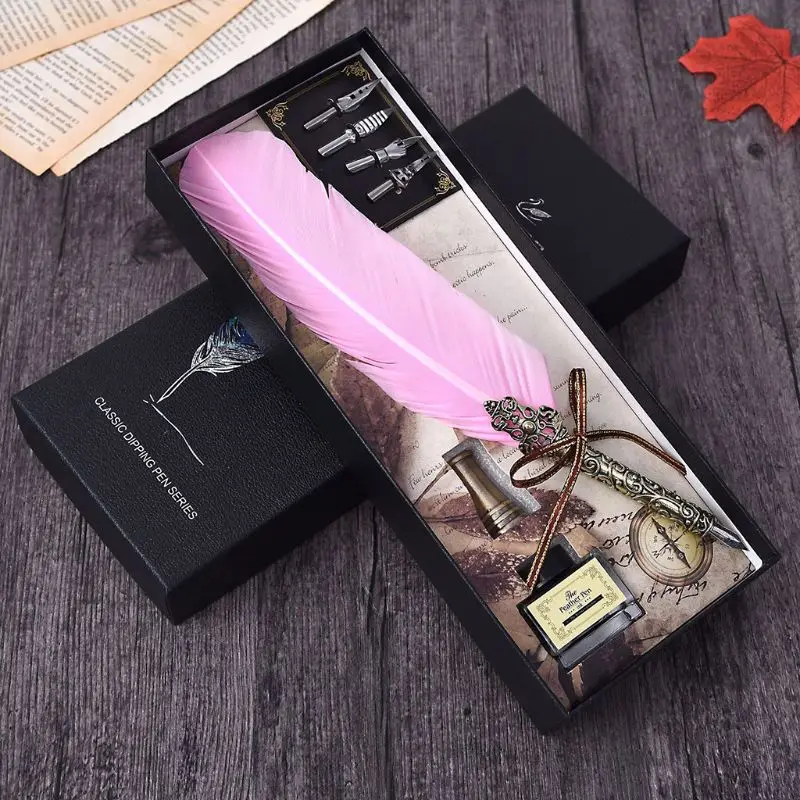 

Fountain Pen Ink Vintage Handmade Feather Quill Dip Fountain Pen with Ink Nibs English Calligraphy Writing Stationery Gift Box