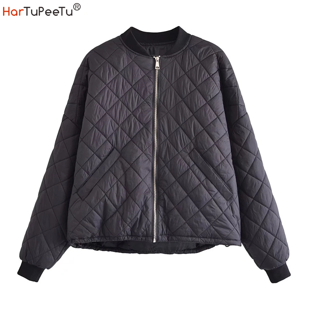 

Women Quilted Bomber Jacket Lightweight Argyle Cotton Padding Black Coat Autumn Winter Drawstring Hem Zip Outwear with 2 Pockets